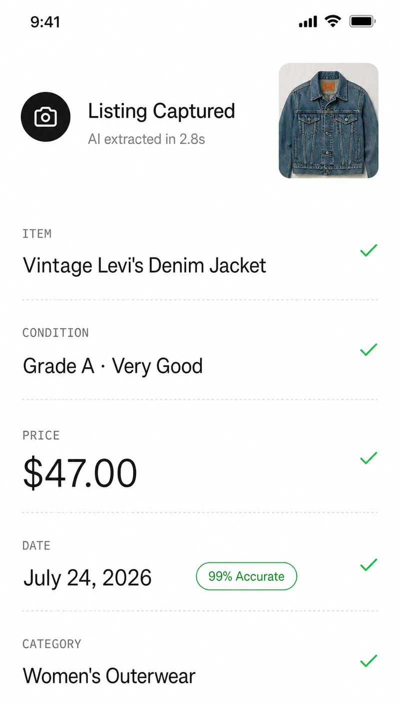 ResaleChamp app screen: listing captured and priced by AI