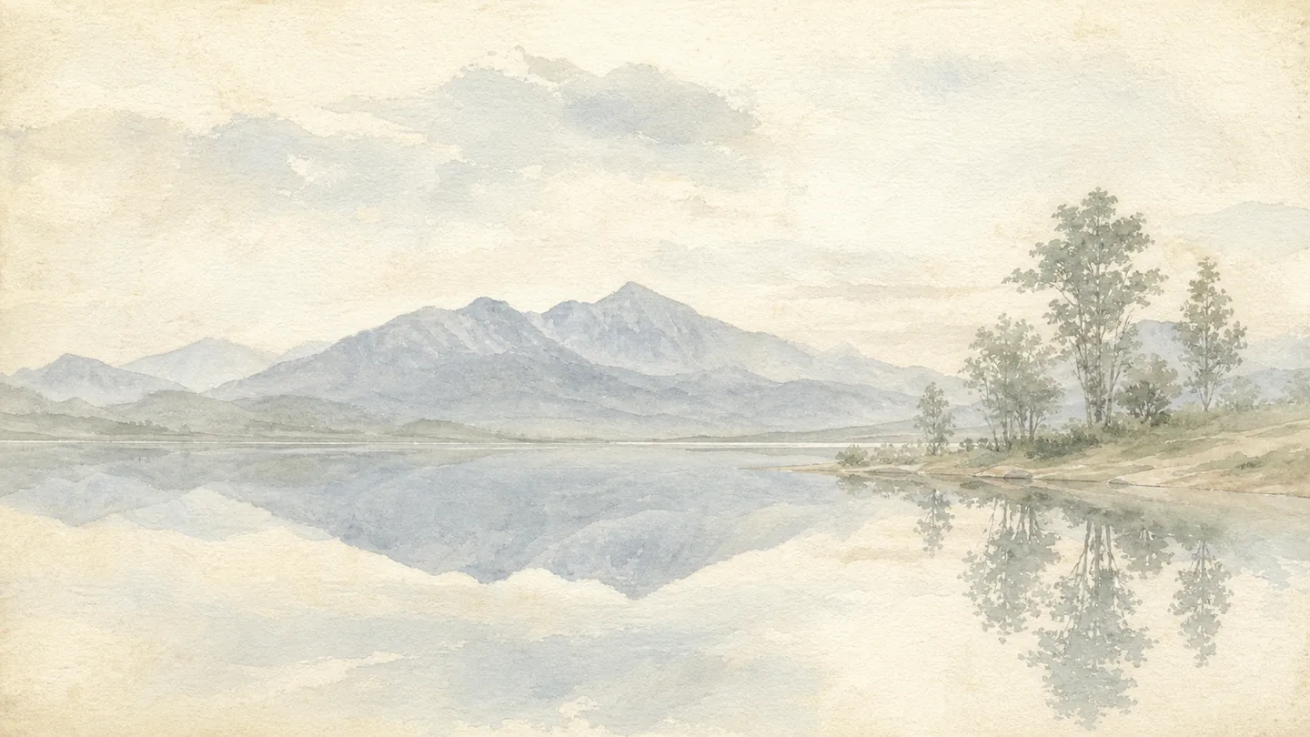 Watercolor landscape: calm lake reflecting mountains